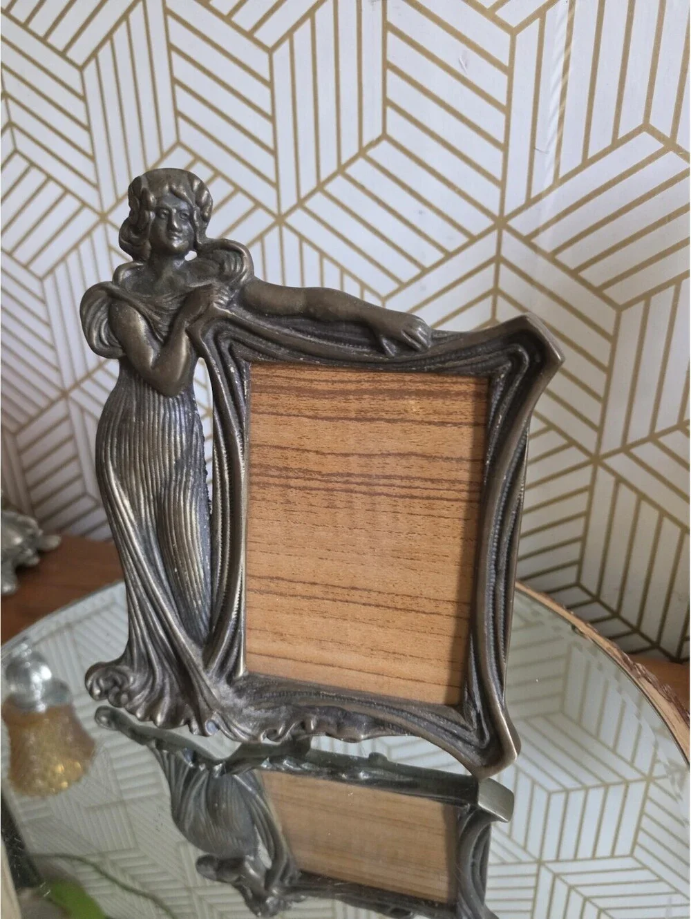Vintage Brass Art Deco Style Metal Frame with Stand Art Nouveau Hula Tiki Girl